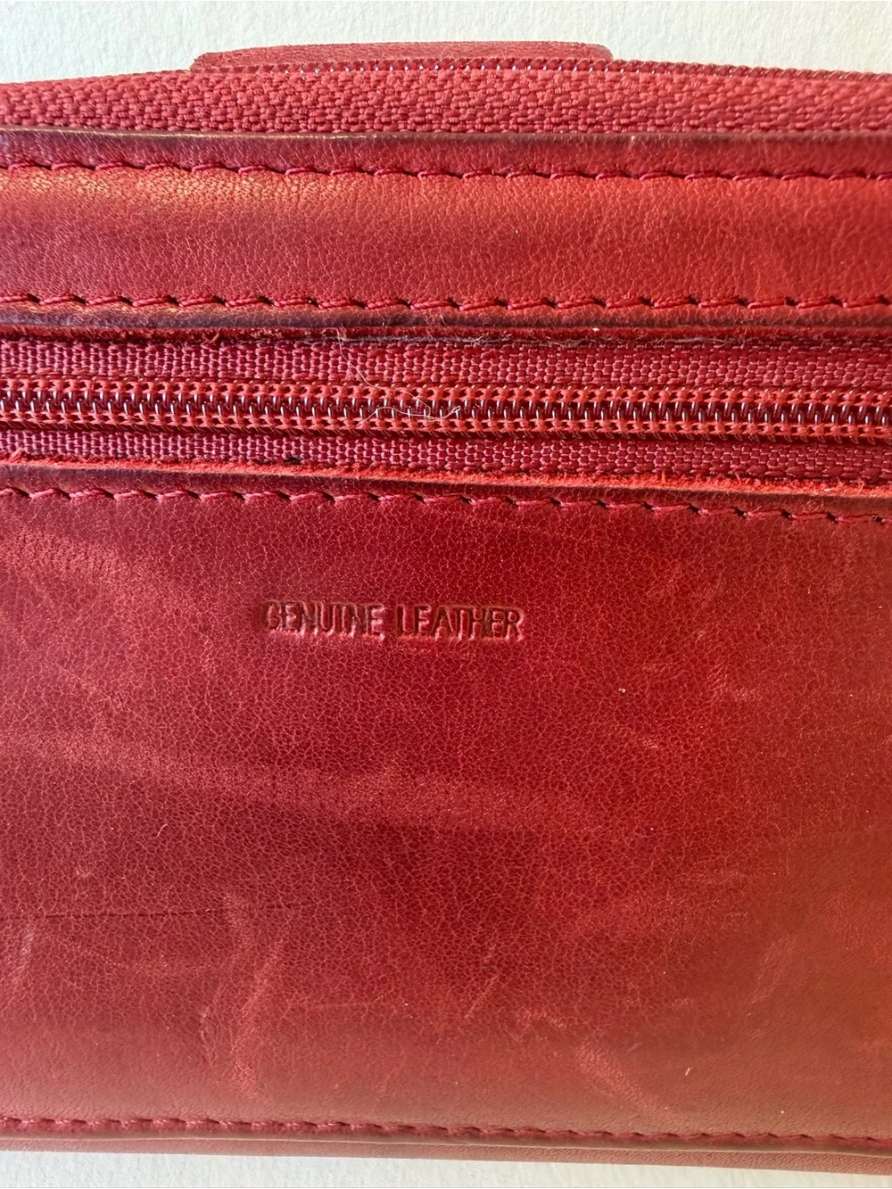 Vintage Deep Red Leather Zip-Around Wallet with Lots of Pockets.